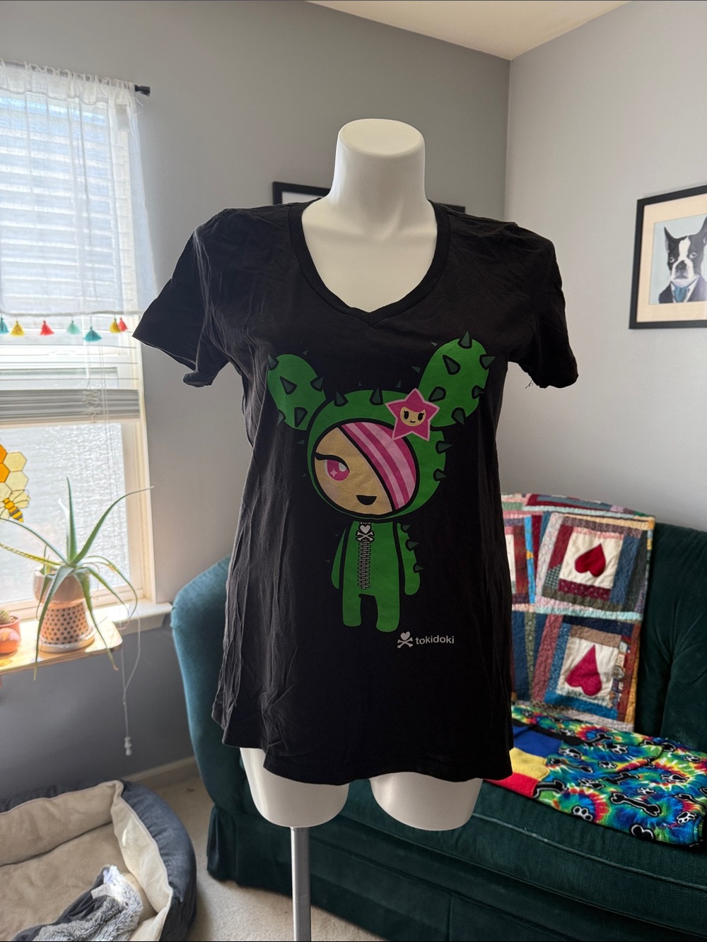 tokidoki Black Tee with Green & Pink Character Graphic